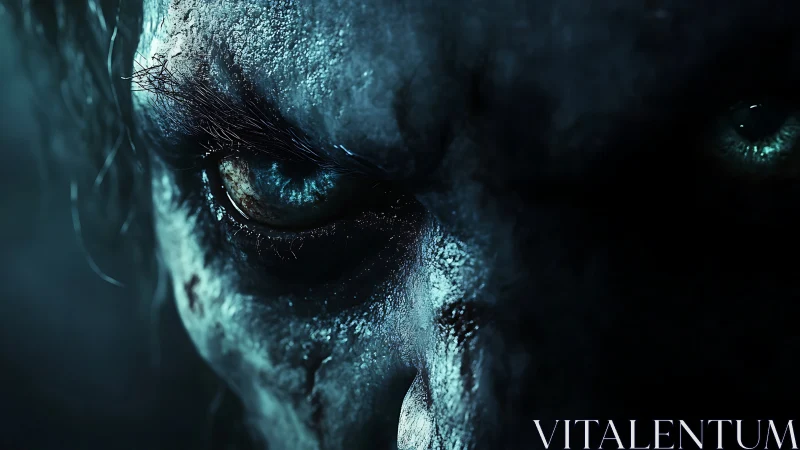 Close detailed view of decayed humanoid face in shadows.