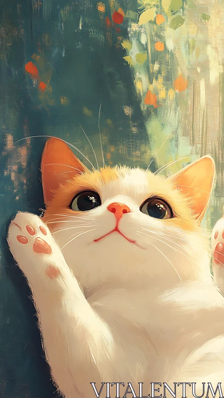 White Cat with Orange Markings Against Floral Background