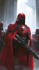 Crimson armored sentinels guarding monumental sci fi gate.