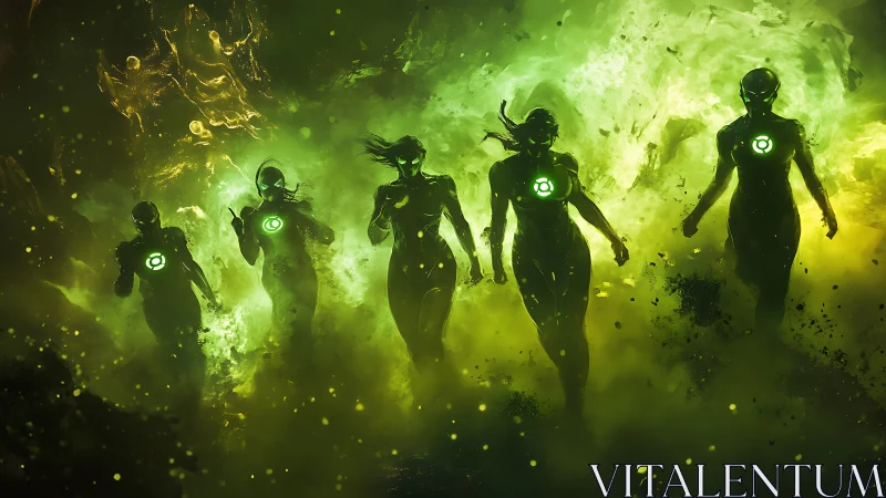 Five luminous armored figures emerge through volatile green plasma