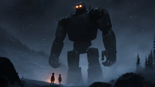 Giant robot towers over children in moody night forest scene.