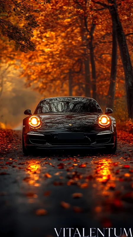 Midnight sports car glows against a blazing autumn tunnel.