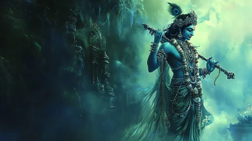 Mystical blue deity plays a flute in glowing emerald mist