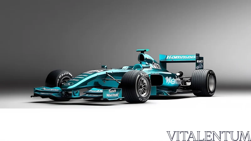 Teal Formula racing car with slick tires under neutral studio lighting