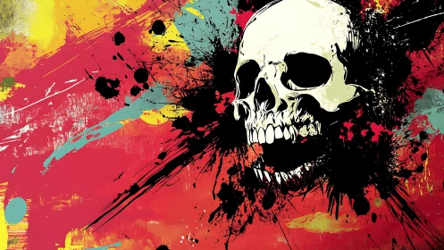 Skull over abstract splatter on vivid red and yellow field.