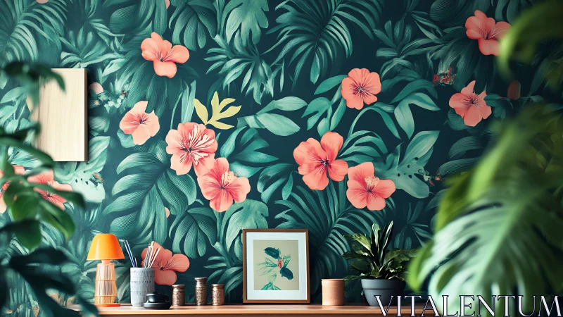 Tropical floral wallpaper frames shelf with plants and decor