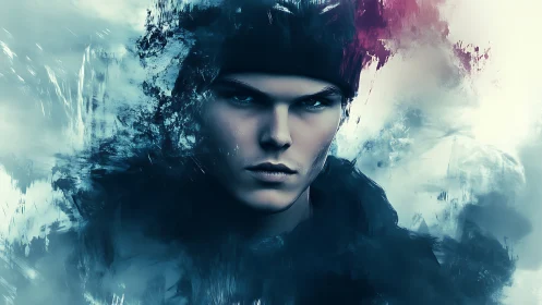 Brooding digital portrait of man in cold abstract haze.
