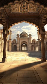 Sunlit Mughal courtyard framed by ornate stone archways.