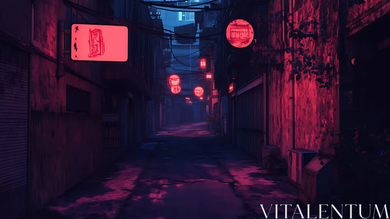 Neon alleyway drenched in magenta cyberpunk nightscape.