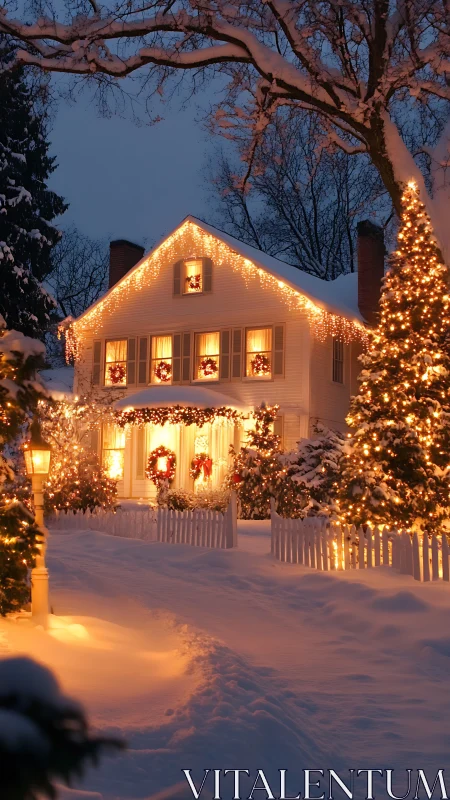 Snow-covered house exhibits uniform exterior holiday lighting