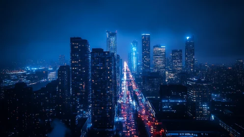 Neon blue skyline over dense nighttime city avenue.