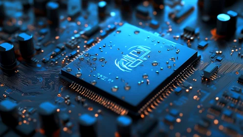 Close-up view of wet microchip on illuminated circuit board.
