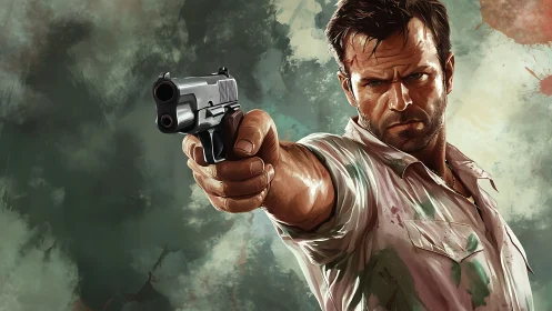 Determined gunman aims handgun forward against abstract haze