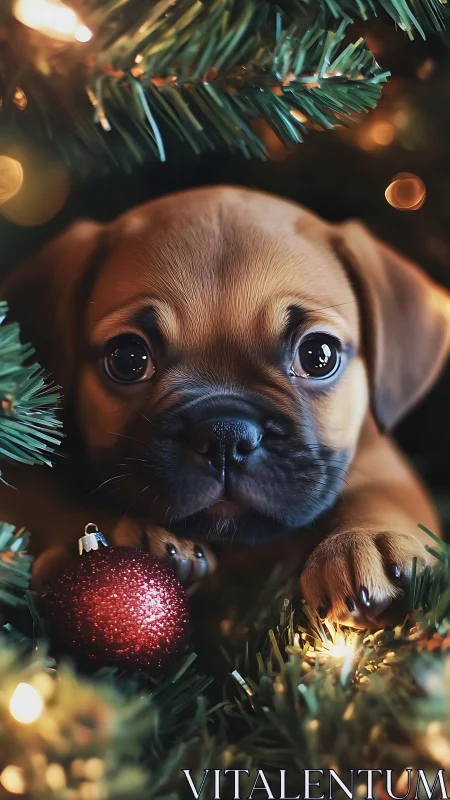 Brown puppy rests under Christmas tree lights holding ornament