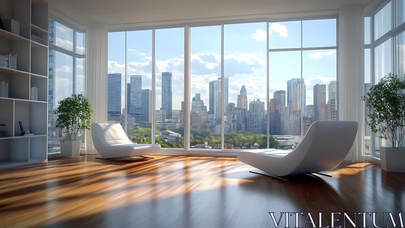 Modern penthouse lounge with panoramic city skyline view.