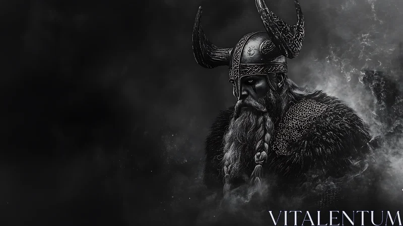 Armored Viking warrior in dark smoke filled scene.