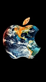 Earth-textured bitten apple silhouette on deep black field.