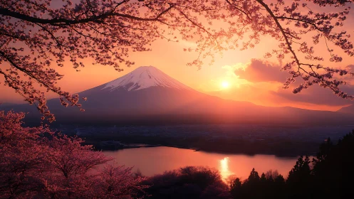 Soft sunset over snowcapped peak and cherry blossoms glow.
