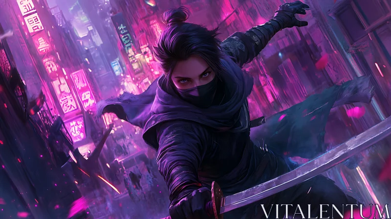 Neon alleyway shadow ninja slicing through electric dusk.