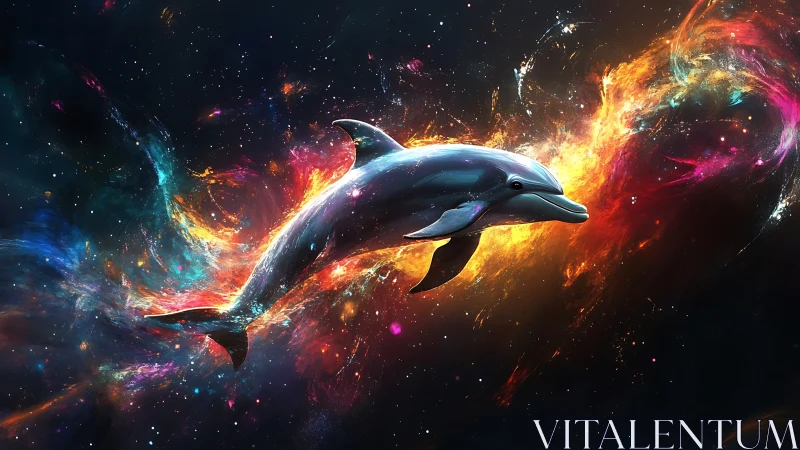Cosmic dolphin rendered with high-gloss specular highlights and nebular trails