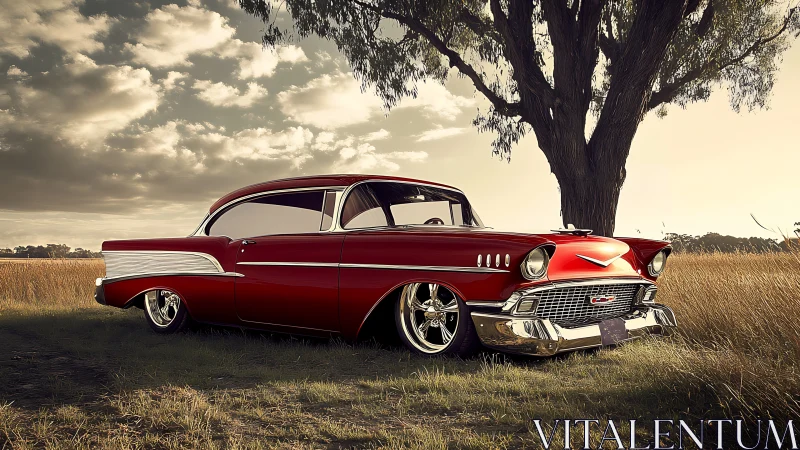 Classic red coupe rests in a golden rural field at sunset
