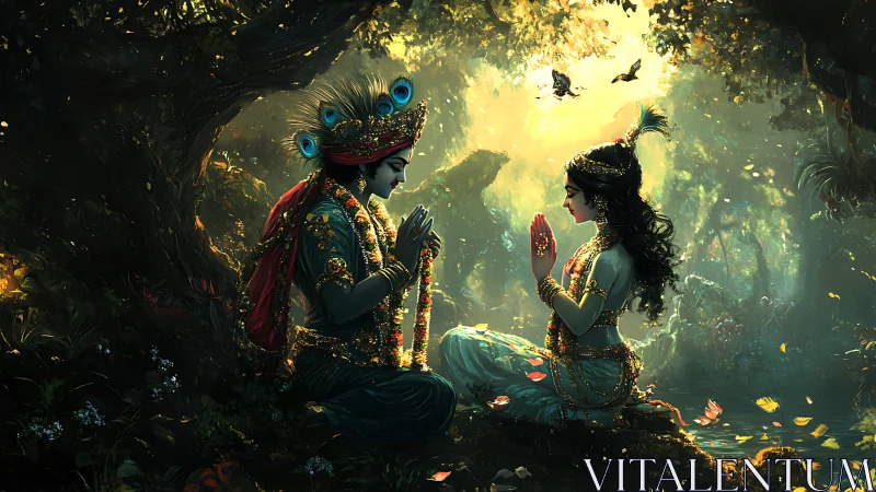 Forest shrine of luminous lovers in golden devotion.