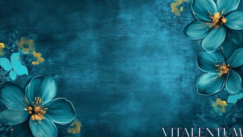 Teal Botanical Composition with Digital Floral Elements and Textured Background
