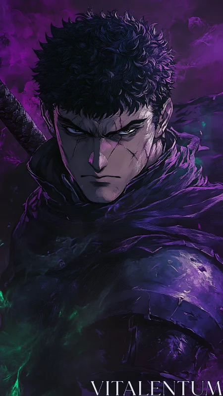 Dark warrior portrait in high-contrast anime rendering.