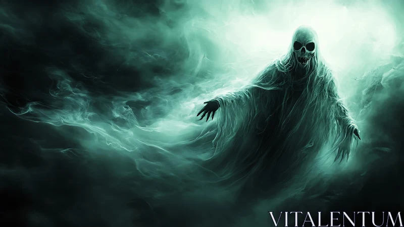 Ghostly skull spirit emerging from eerie green mist.