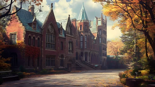 Neo-Gothic autumn manor rendered with cinematic digital lighting
