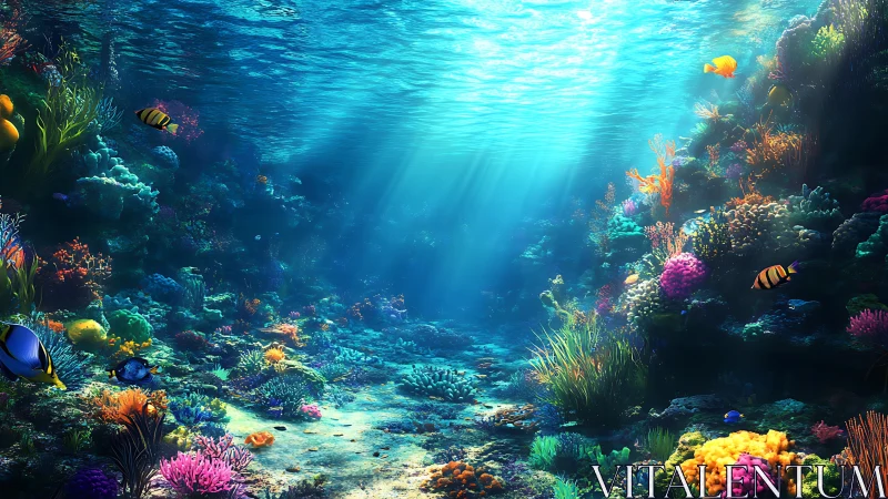 Radiant coral reef biome under volumetric caustic sunlight.