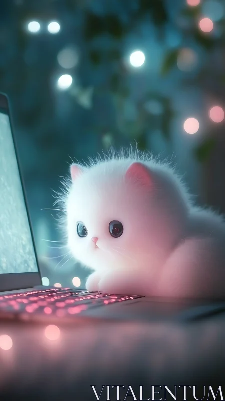 Luminous Feline Entity Engaged with Computational Interface.