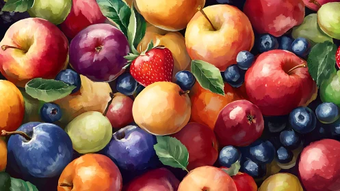 Vibrant painted fruit medley bursts with juicy summer color