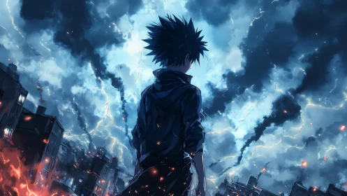 Storm-lit anime figure overlooking burning city skyline.