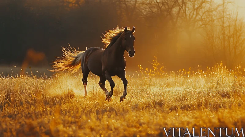 Brown horse running through golden field at sunset light.