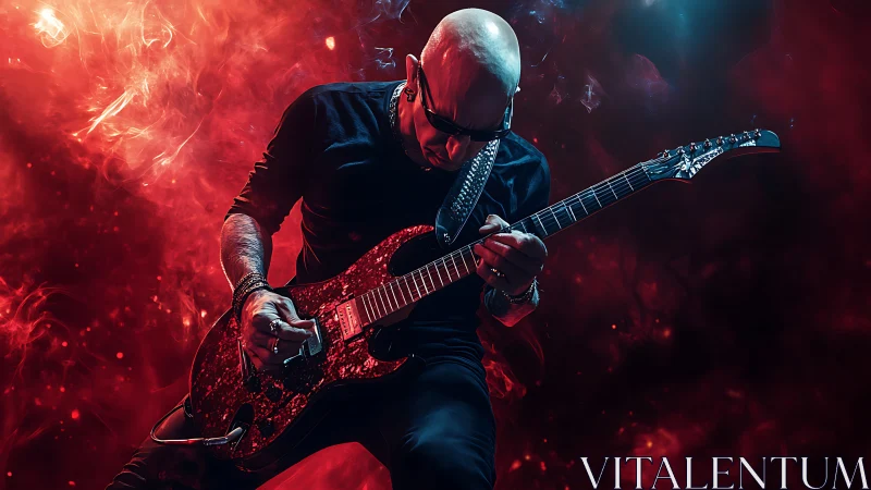 Bald rock guitarist shreds electric solo in fiery red smoke.