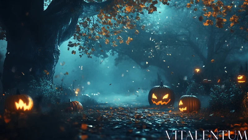 Moody foglit forest path with carved jack o lantern pumpkins