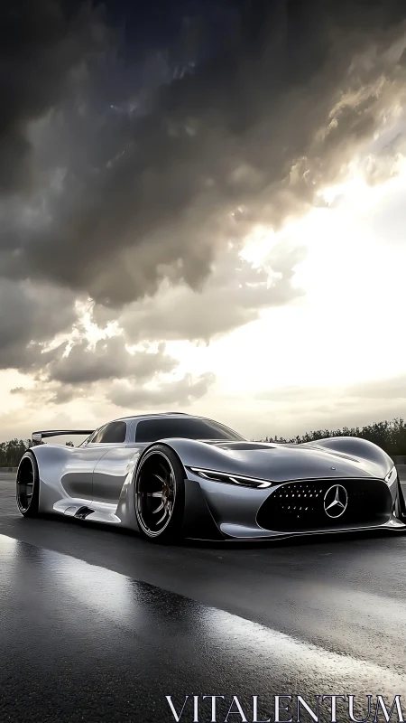 Stormlit silver hypercar prowls a rain-glossed runway.