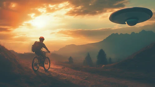Mountain biker observing hovering UFO at cinematic sunset
