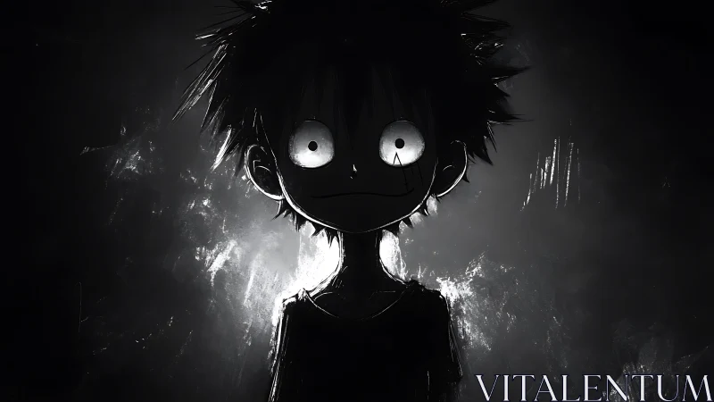 Backlit monochrome anime silhouette with exaggerated gaze.