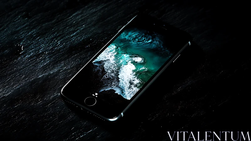 Smartphone Display Exhibiting High-Luminosity Coastal Wave Imagery Against Textured Dark Surface