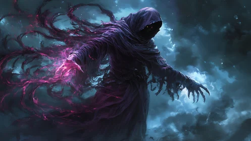 Mysterious hooded mage weaving glowing stormy magic.