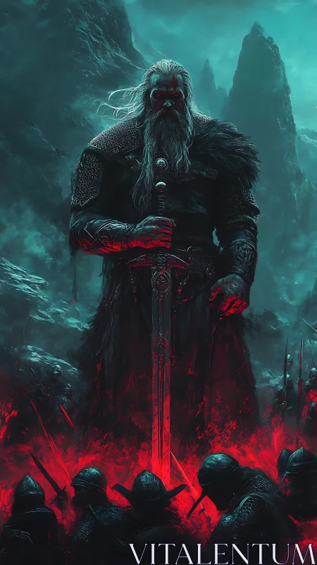 Colossal warlord with runic greatsword amid crimson battlefield.