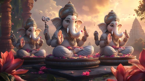 Serene Ganesha idols meditate in lotus-filled temple light