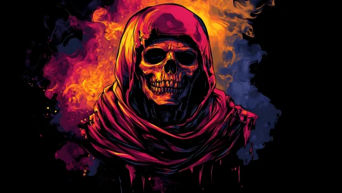 Hooded skeletal figure rendered in high contrast digital colors