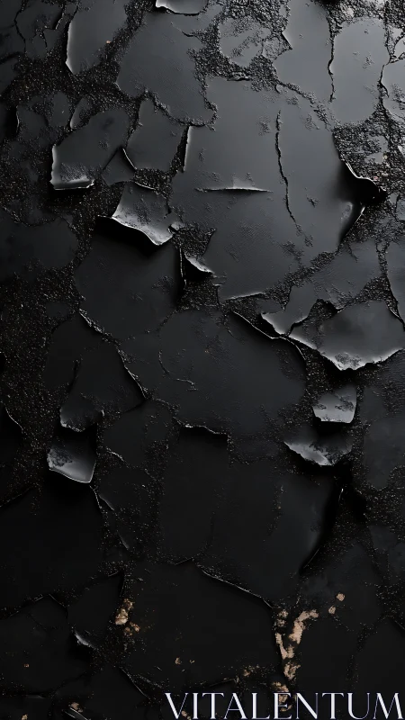 Cracked matte black surface with peeling textured layers.