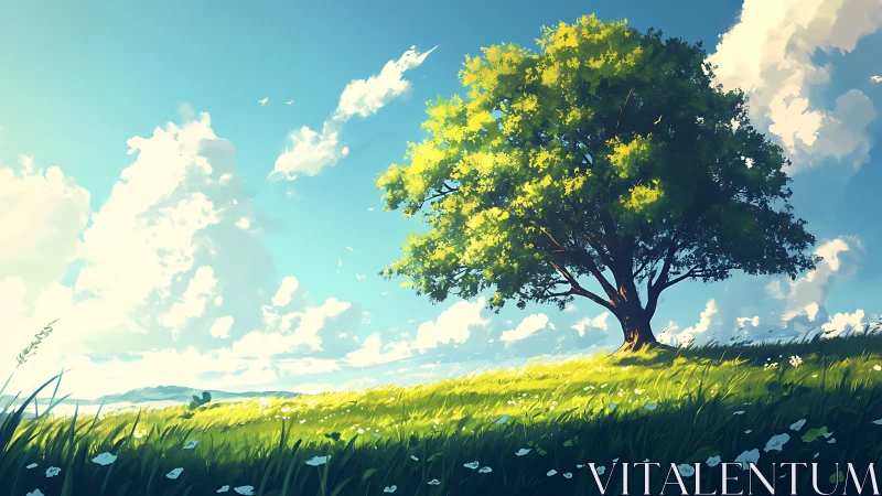 Sunlit hilltop guardian tree under roaming summer clouds.