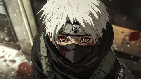 Masked anime warrior stands amid bloodstained urban chaos.