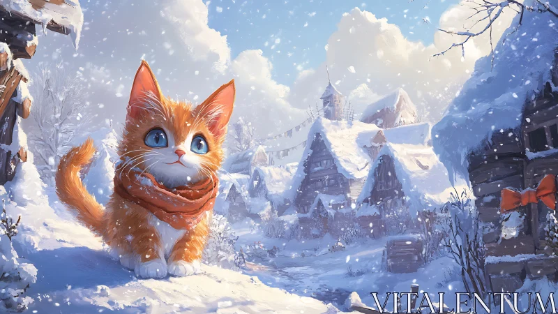 Warm-scarfed kitten contrasts high-key snowy village environment