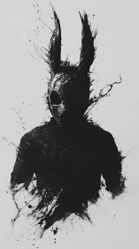 Shadowy rabbit-masked figure emerging in bold ink splashes.
